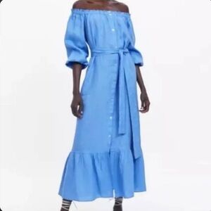 NWT Zara Blue Linen Oversized Dress. Size M.